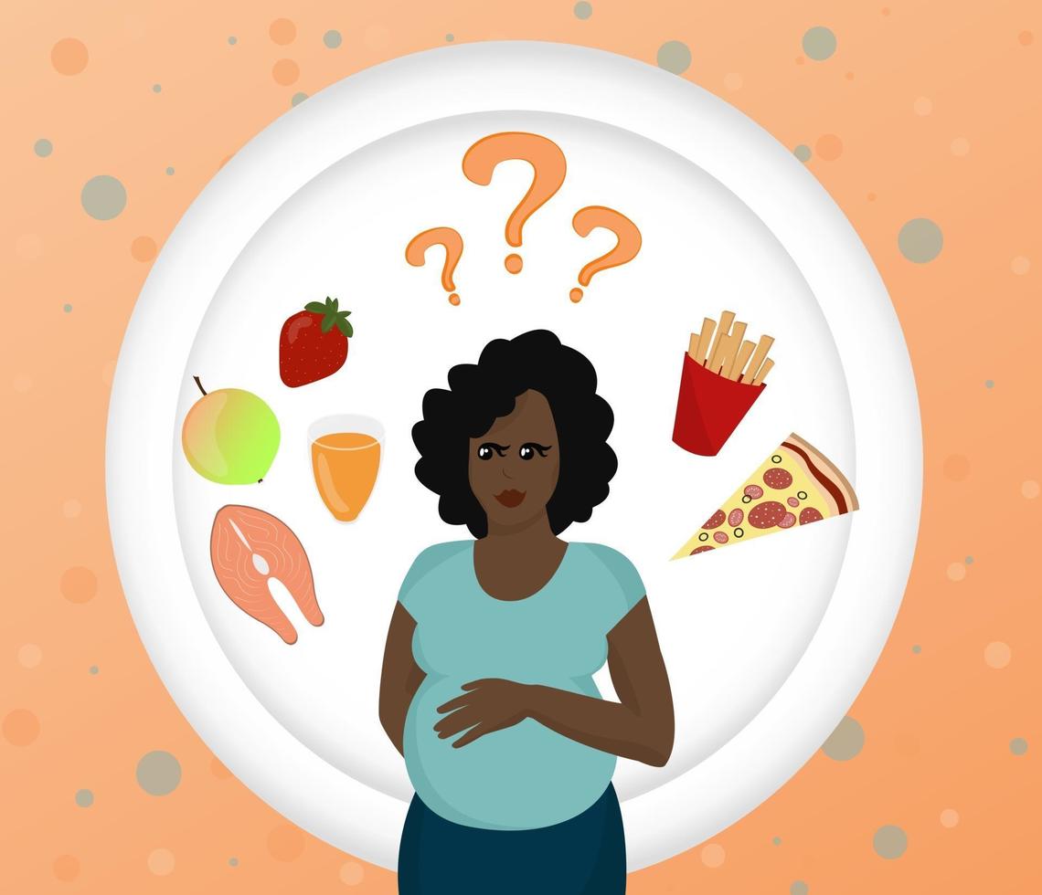 nutrição para mulheres grávidas comida saudável e fast food o que é melhor mulher grávida é comer pessoa afro-americana vetor
