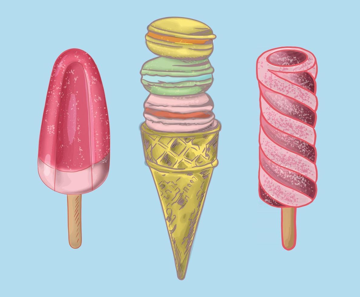 ilustração vetorial de três sorvetes de diferentes formas e tamanhos em um fundo azul claro vetor