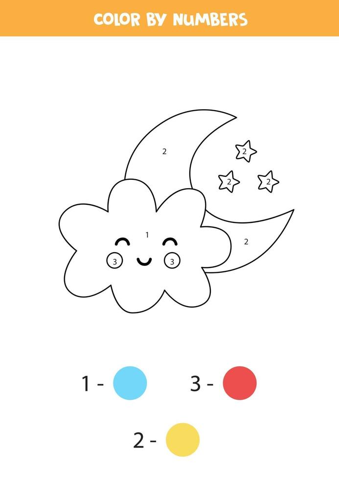 página para colorir com nuvem fofa e cor da lua por números do jogo de matemática para crianças vetor