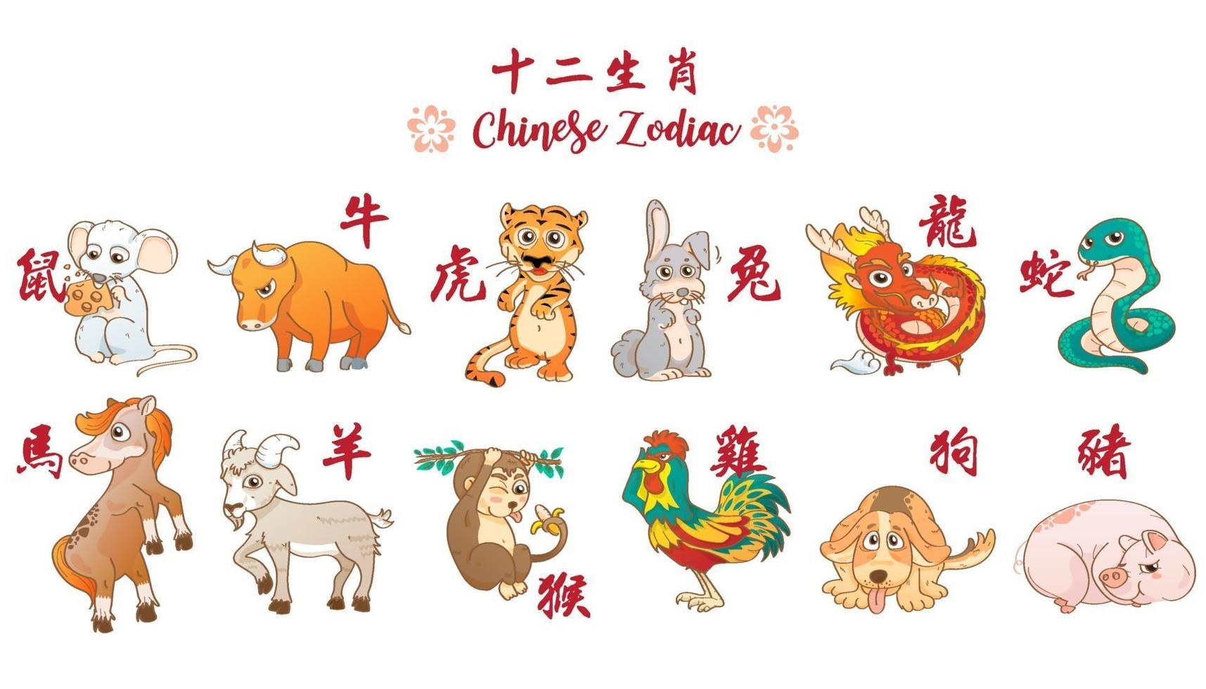 animal engraçado no zodíaco chinês rato boi tigre coelho dragão cobra cavalo ovelha macaco galo cachorro porco tradução calendário chinês 12 zodíaco chinês ilustração vetorial dos desenhos animados vetor