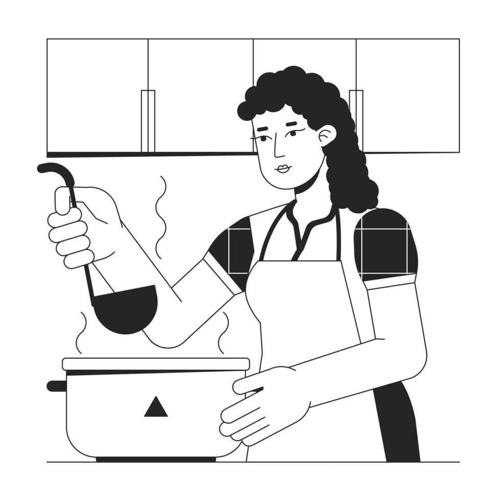 mulher cozinhando às casa bw conceito vetor local ilustração. Comida preparação 2d desenho animado plano linha monocromático personagem para rede ui Projeto. cozinha utensílio editável isolado esboço herói imagem