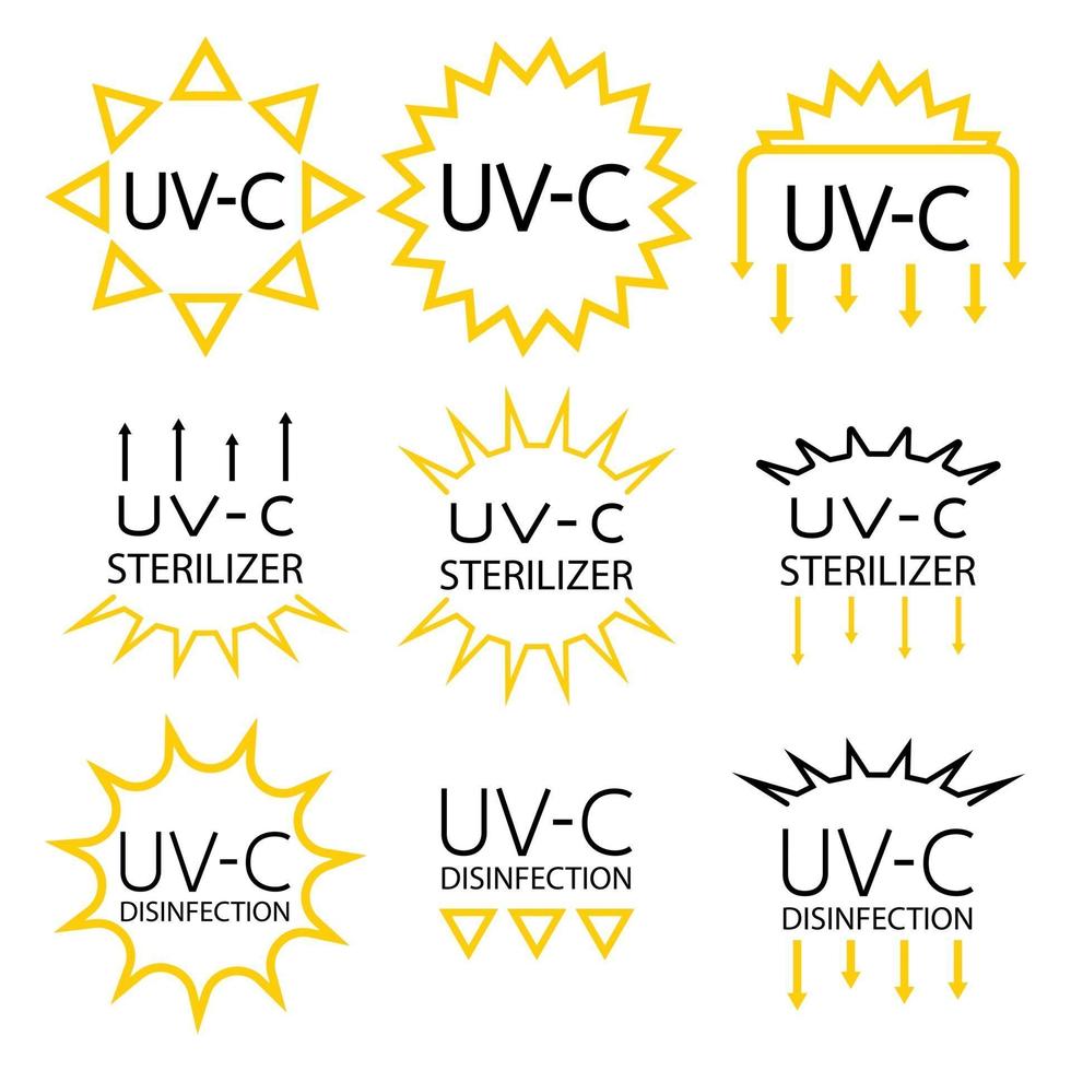 sinais de informação para marcações de embalagem com dispositivos uv dentro do esterilizador uvc e símbolos de carimbo de desinfecção vetor
