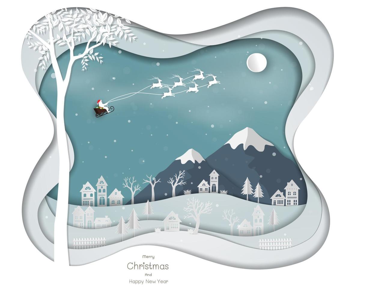 Papai Noel voando acima da vila da cidade na paisagem de fundo abstrato da arte do papel branco com ícones da temporada de inverno para o feriado de Natal, festa de celebração de ano novo feliz ou cartão comemorativo vetor