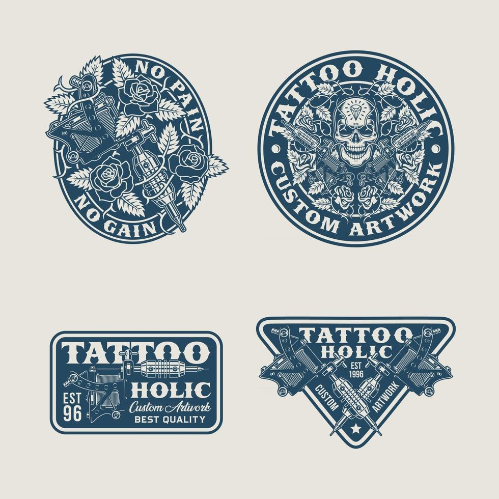 caveira com emblema de máquina de tatuagem e coleção de etiquetas vetor