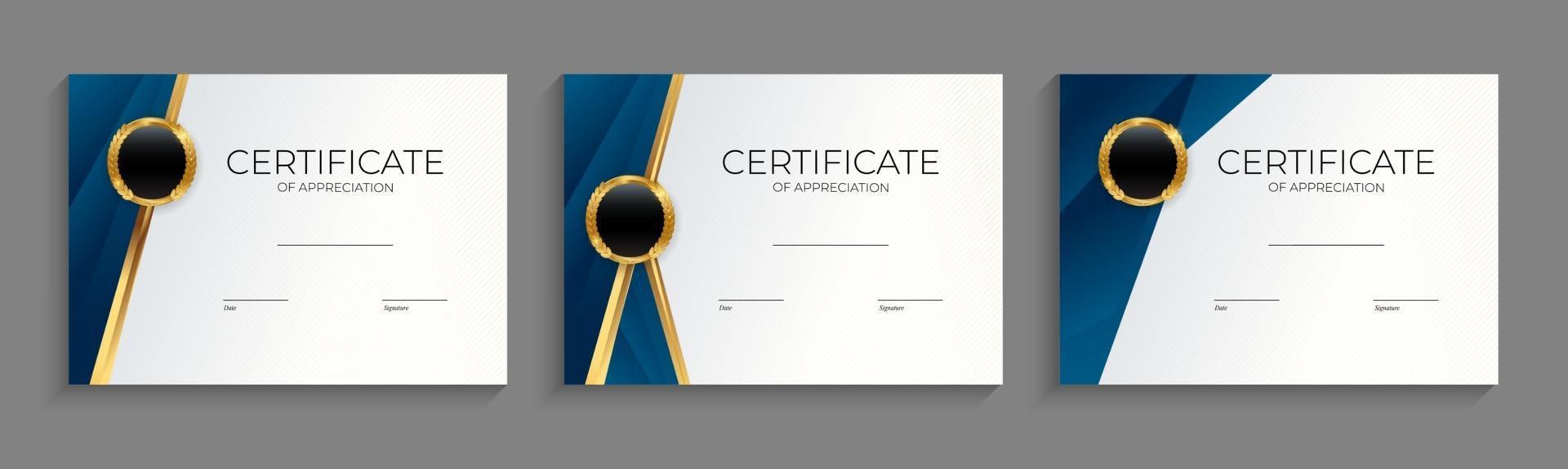 modelo de certificado de realização azul e dourado com fundo definido com emblema de ouro e borda vetor