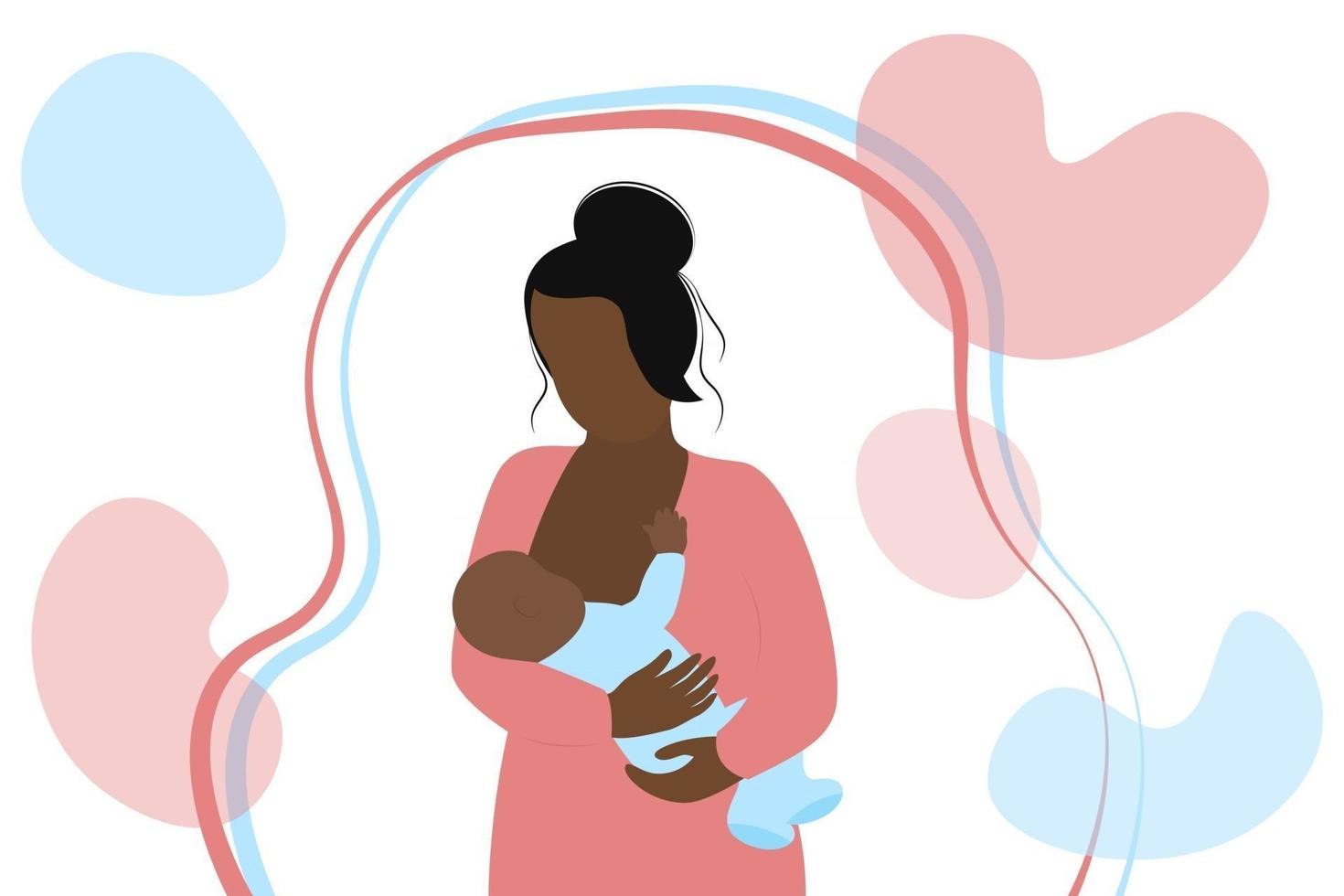 A mãe amamentando está alimentando o bebê nas mãos Mulher afro-americana e criança recém-nascido está bebendo leite materno ilustração vetorial conceito de lactação feminina vetor
