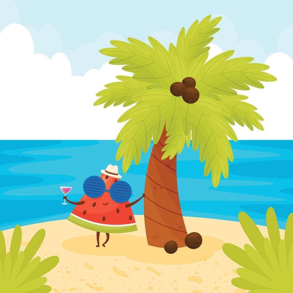 pôster de verão com uma linda personagem de melancia na praia vetor