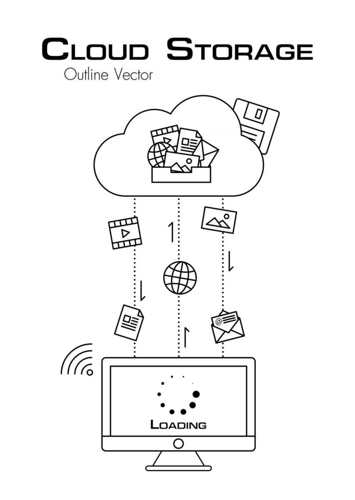 armazenamento em nuvem mais arquivos foram baixados do servidor em nuvem para design plano de contorno de computador desktop vetor