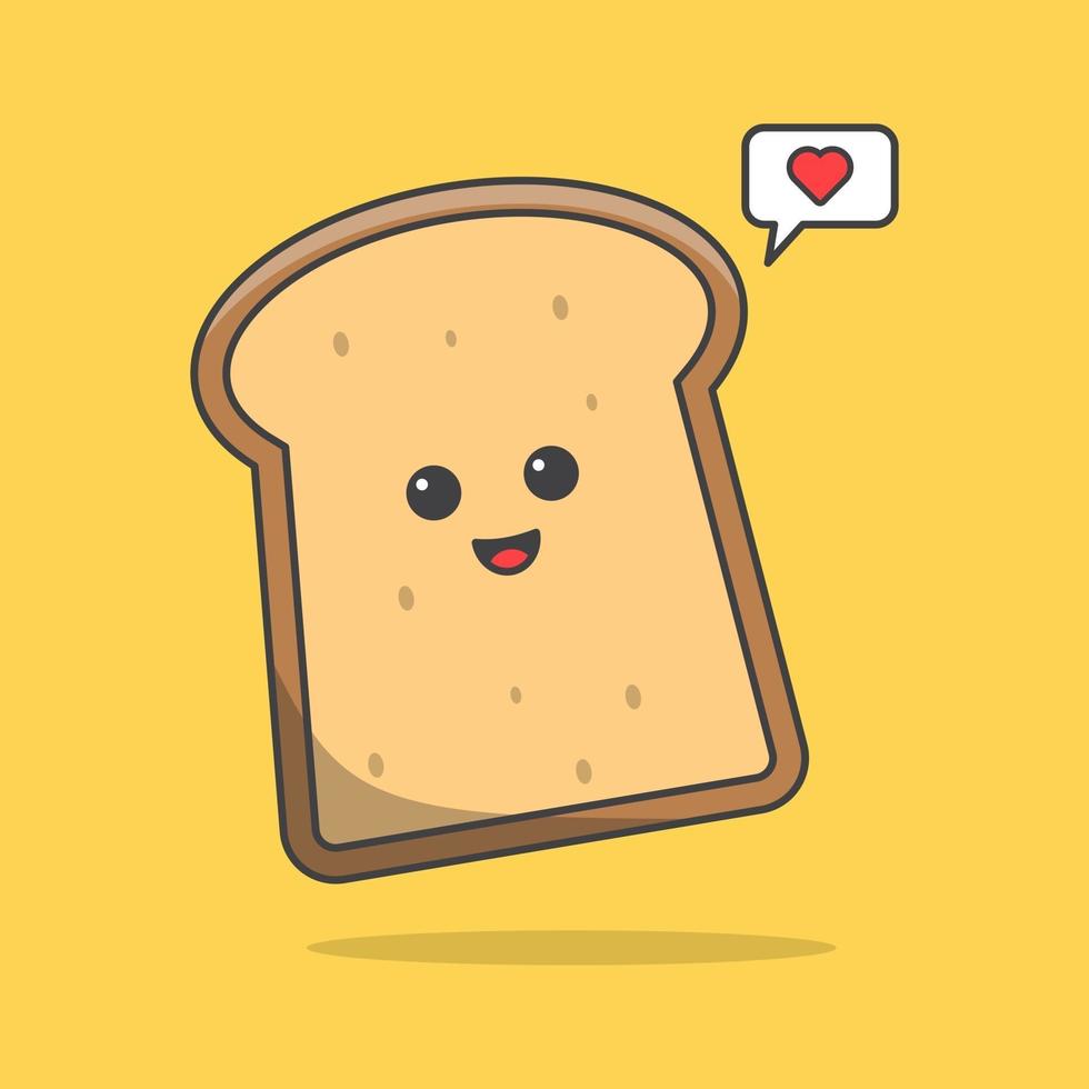 Fatia de pão de café da manhã kawaii em fundo amarelo fatia de pão com ícone de amor vetor