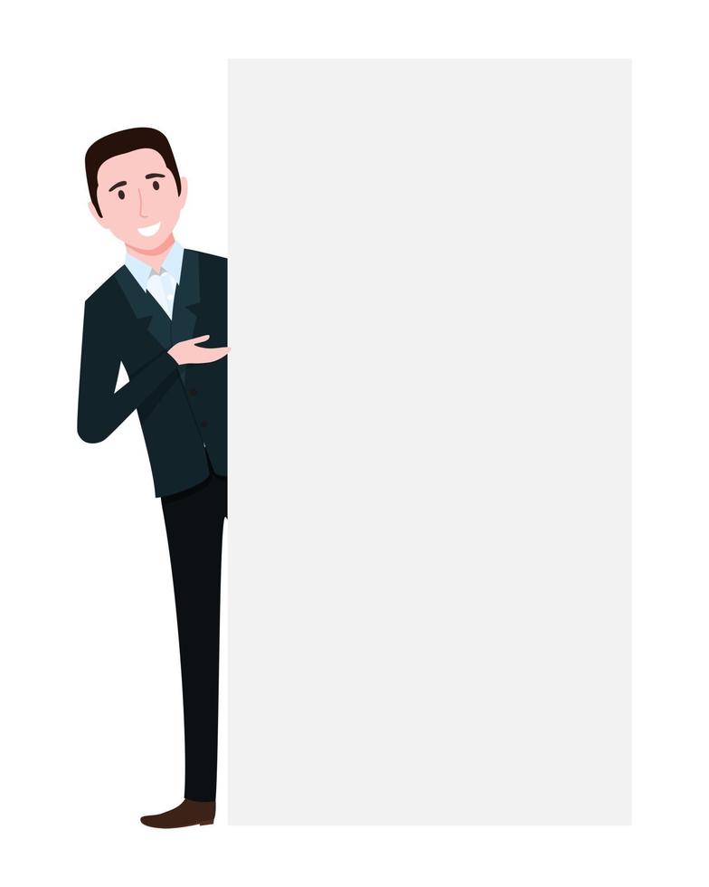 personagens de empresários vestindo roupas de negócios em pé atrás de uma placa de apresentação em branco apontando vetor
