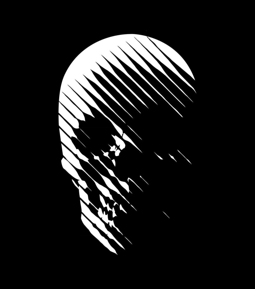 vetor crânio linha arte estilizado crânio humano vista frontal feita por linhas diagonais linhas brancas em fundo preto logo elemento gráfico
