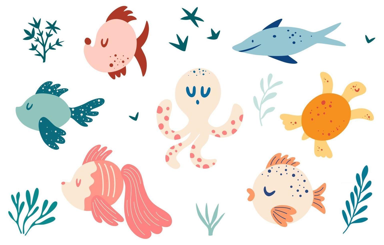 conjunto com peixes vários tipos de peixes tartaruga polvo animais marinhos e plantas aquáticas conceito marítimo coleção de criaturas subaquáticas criaturas marinhas ilustração em vetor personagem de desenho animado engraçado
