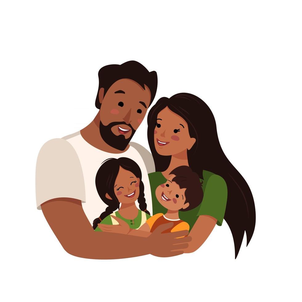 feliz família afro-americana ou latina com pele escura e cabelo preto juntos dia internacional da família pai abraça mãe e filhos um grupo de pessoas pai mãe filha e filho vetor