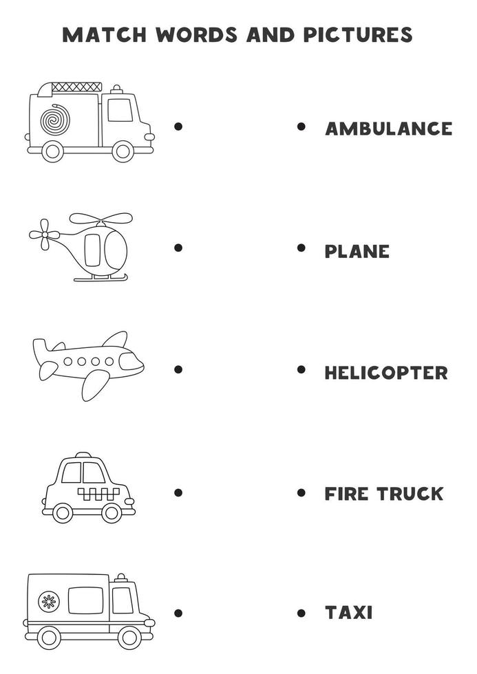 combinando meios de transporte e palavras jogo educacional para crianças vetor