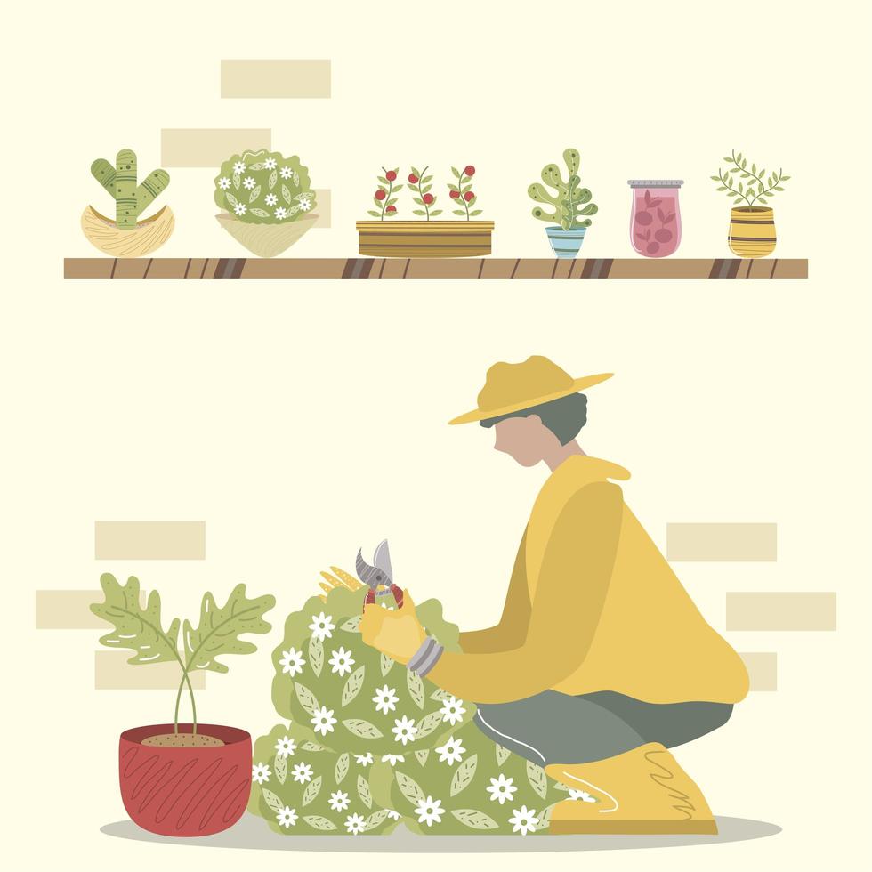 jardineiro caseiro com tesoura aparando arbustos em vasos vetor