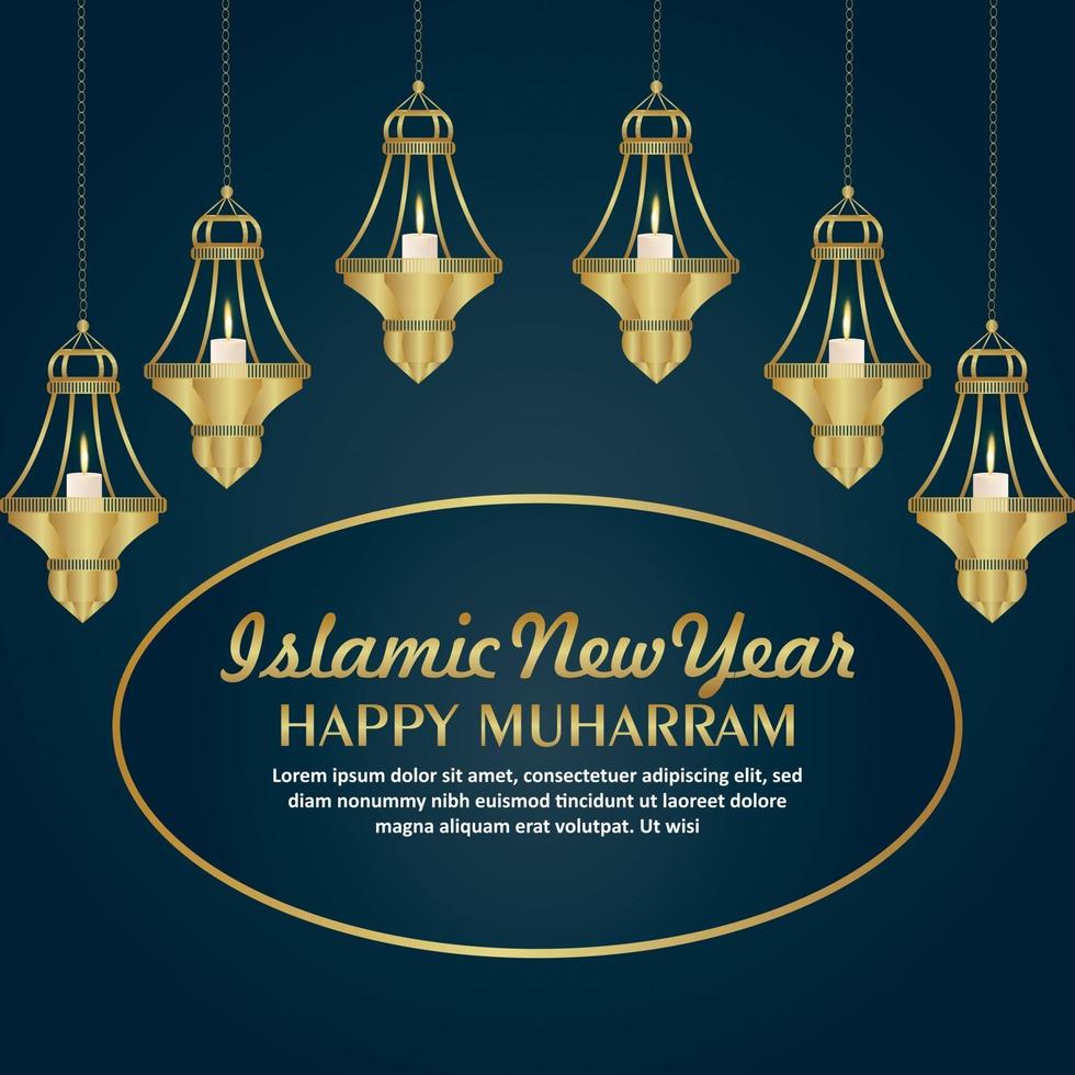 Cartão islâmico de celebração de ano novo com lanterna dourada vetor