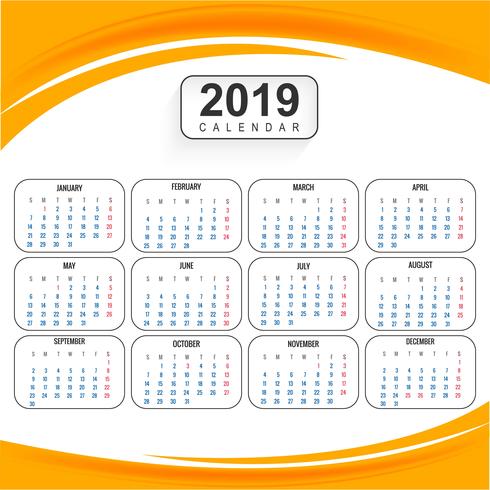 Modelo de calendário 2019 com fundo de onda vetor