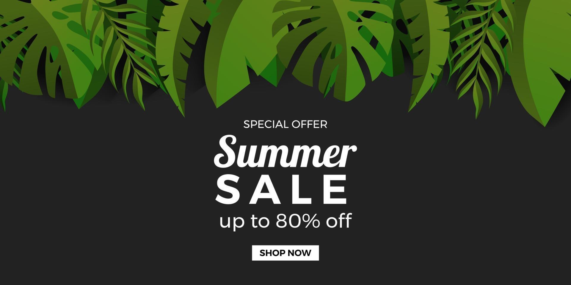 modelo de banner de promoção de oferta de venda de verão com folhas tropicais botânicas verdes moldura com fundo preto vetor