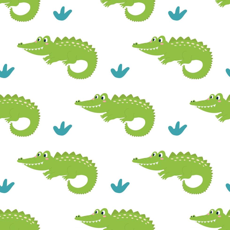 fofo engraçado crocodilo verde sobre fundo branco vetor decoração padrão sem emenda para crianças pôsteres, cartões postais, roupas e interior