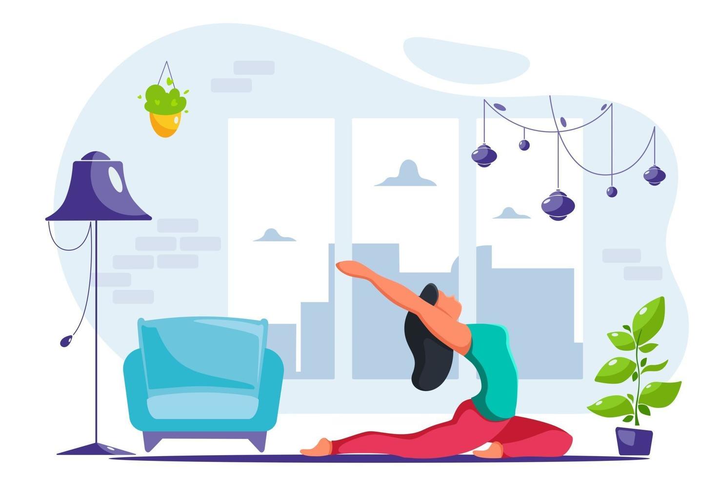 mulher fazendo ioga em casa em um interior moderno vetor