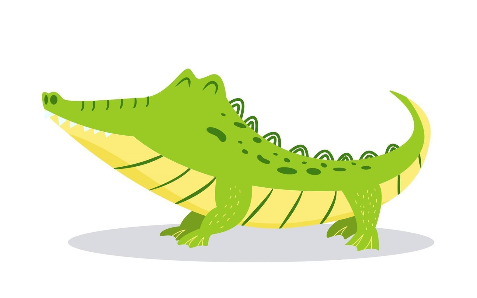 desenho animado bonito crocodilo isolado no fundo branco ilustração vetorial brilhante para design infantil jacaré satisfeito vetor