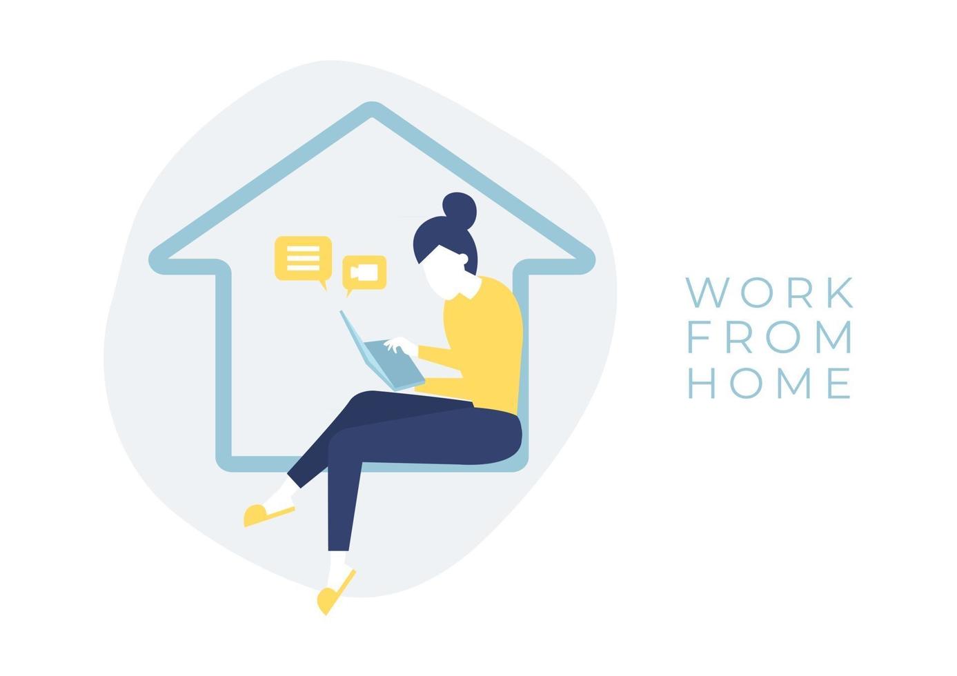 mulher sentada em uma casa com um notebook na mão conceito de trabalho em casa vetor