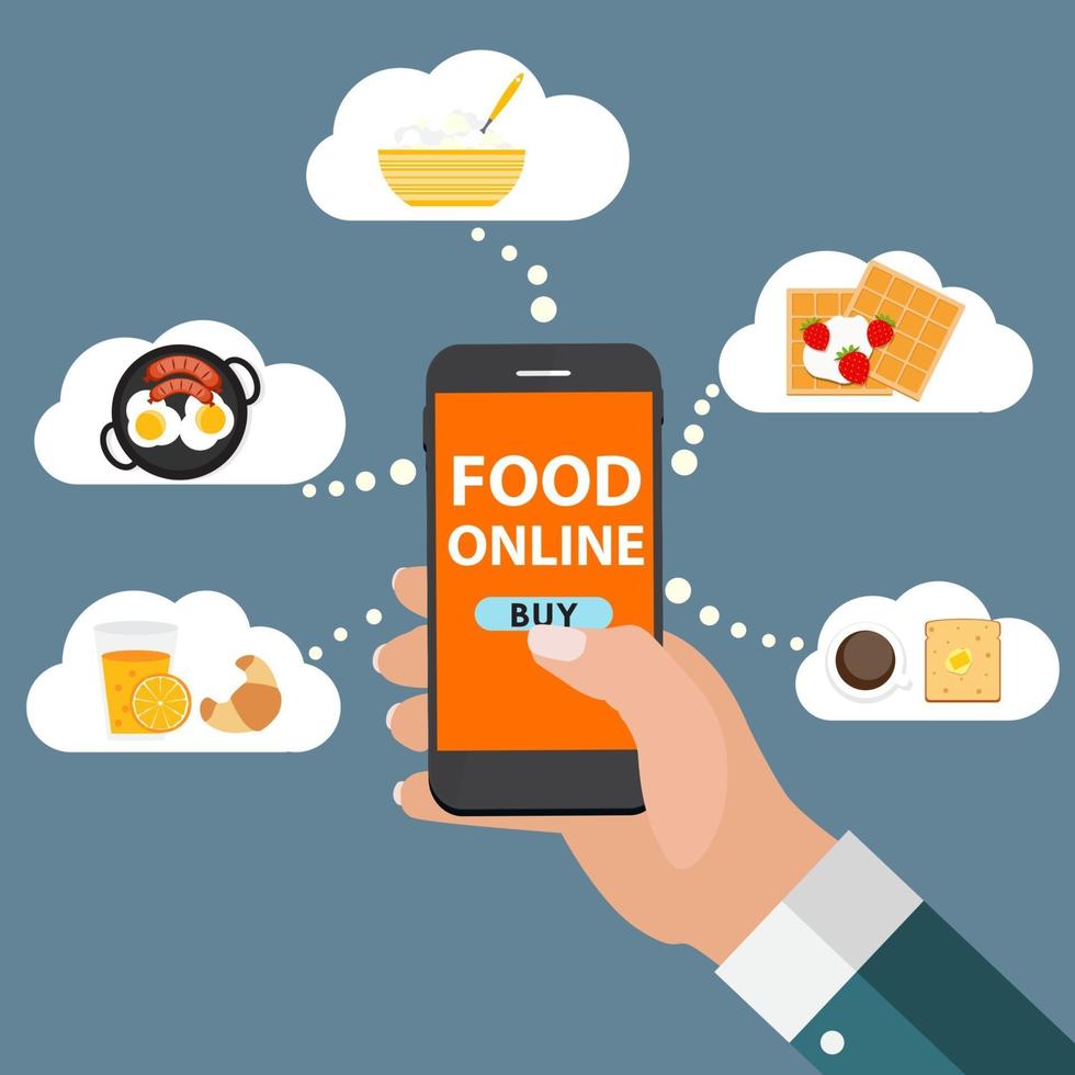 conceito de aplicativos móveis. entrega de comida online, compras de comércio eletrônico em estilo simples e moderno vetor