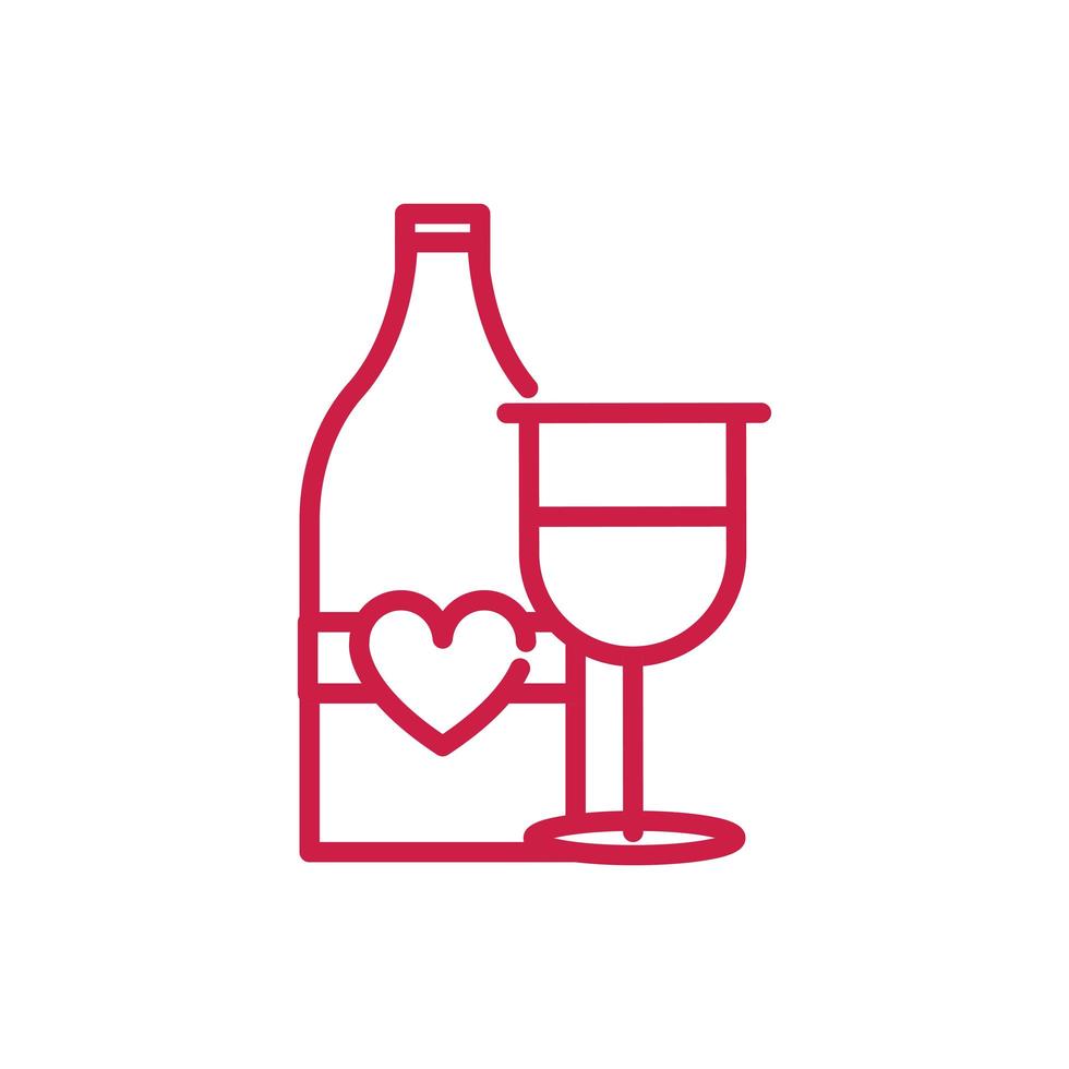 Feliz Dia dos Namorados, garrafa de champanhe e bebida de vidro, amo o design da linha vermelha vetor