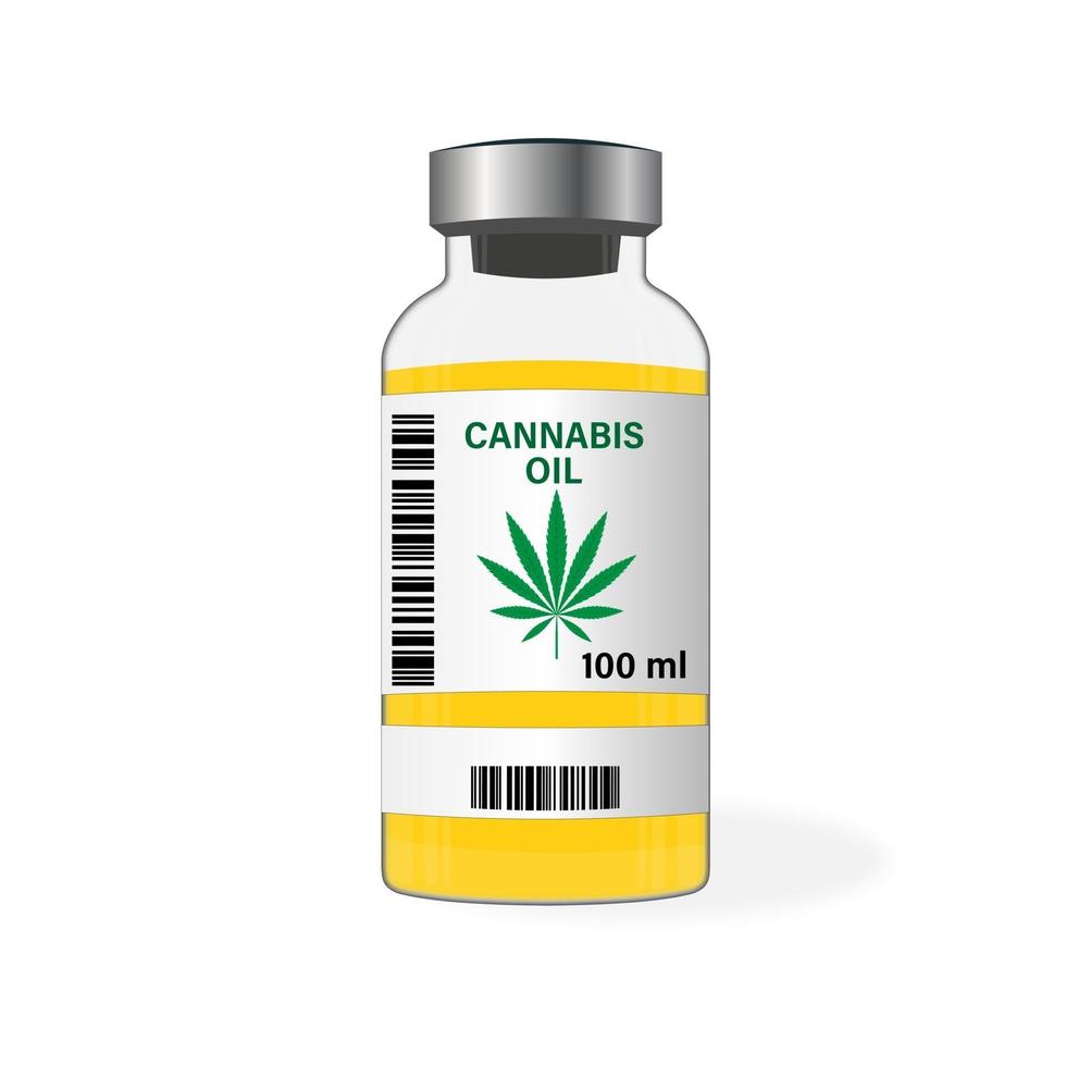 garrafa de óleo de cannabis com logotipo em código de barras da folha verde de cannabis sativa vetor