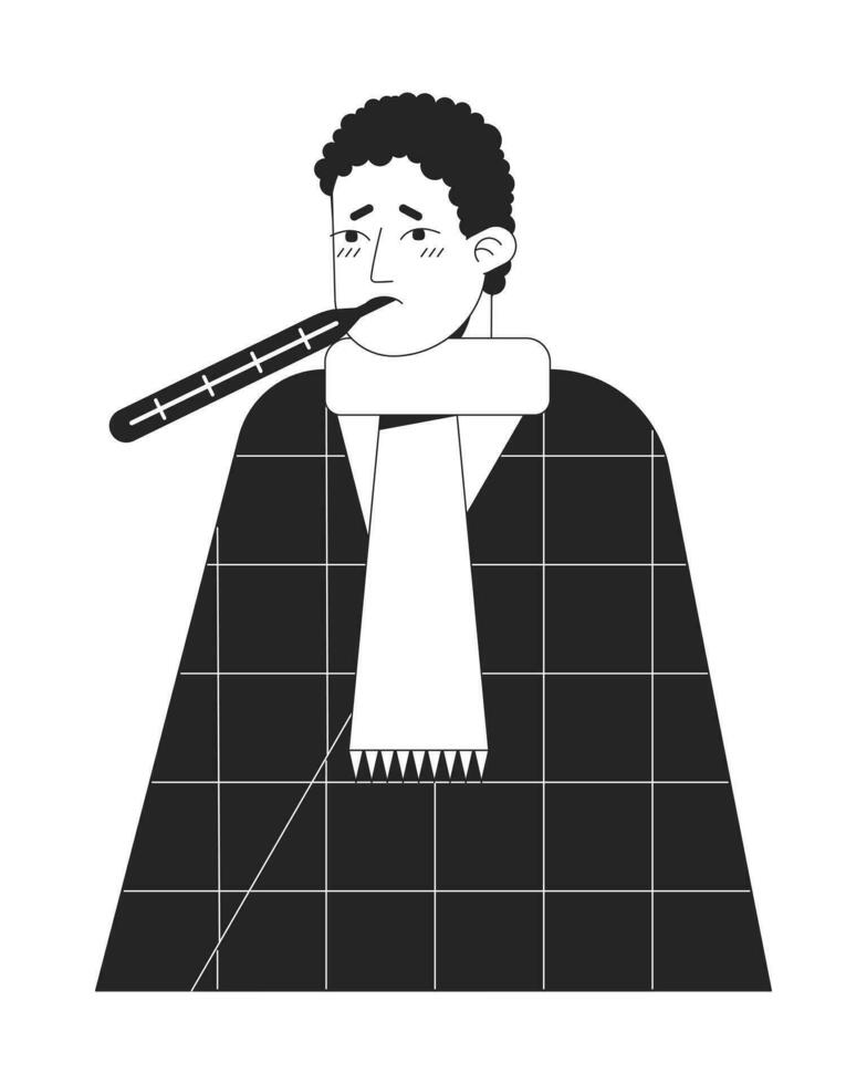 homem tendo febre plano linha Preto branco vetor personagem. editável esboço metade corpo doente pessoa. pouco saudável homem simples desenho animado isolado local ilustração para rede gráfico Projeto