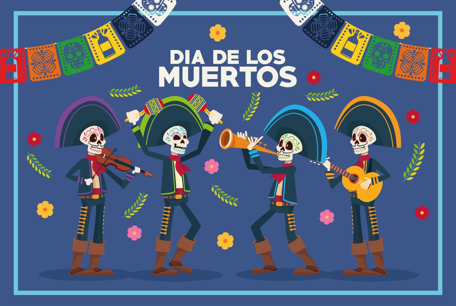 cartão de letras dia de los muertos com esqueletos mariachis e guirlandas vetor