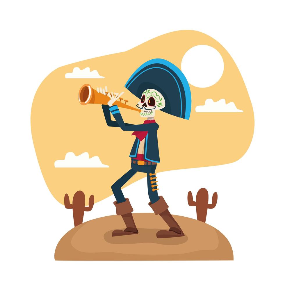 cartão comemorativo do dia de los muertos com o esqueleto de mariachi tocando trompete vetor
