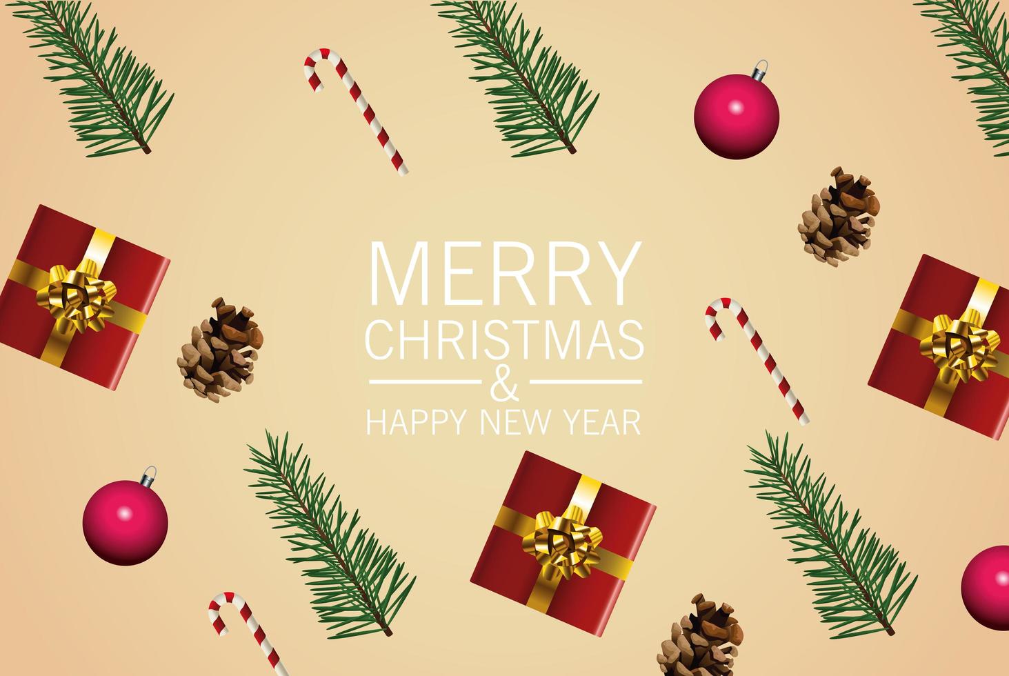 cartão de letras de feliz natal feliz com presentes e folhas em fundo creme vetor