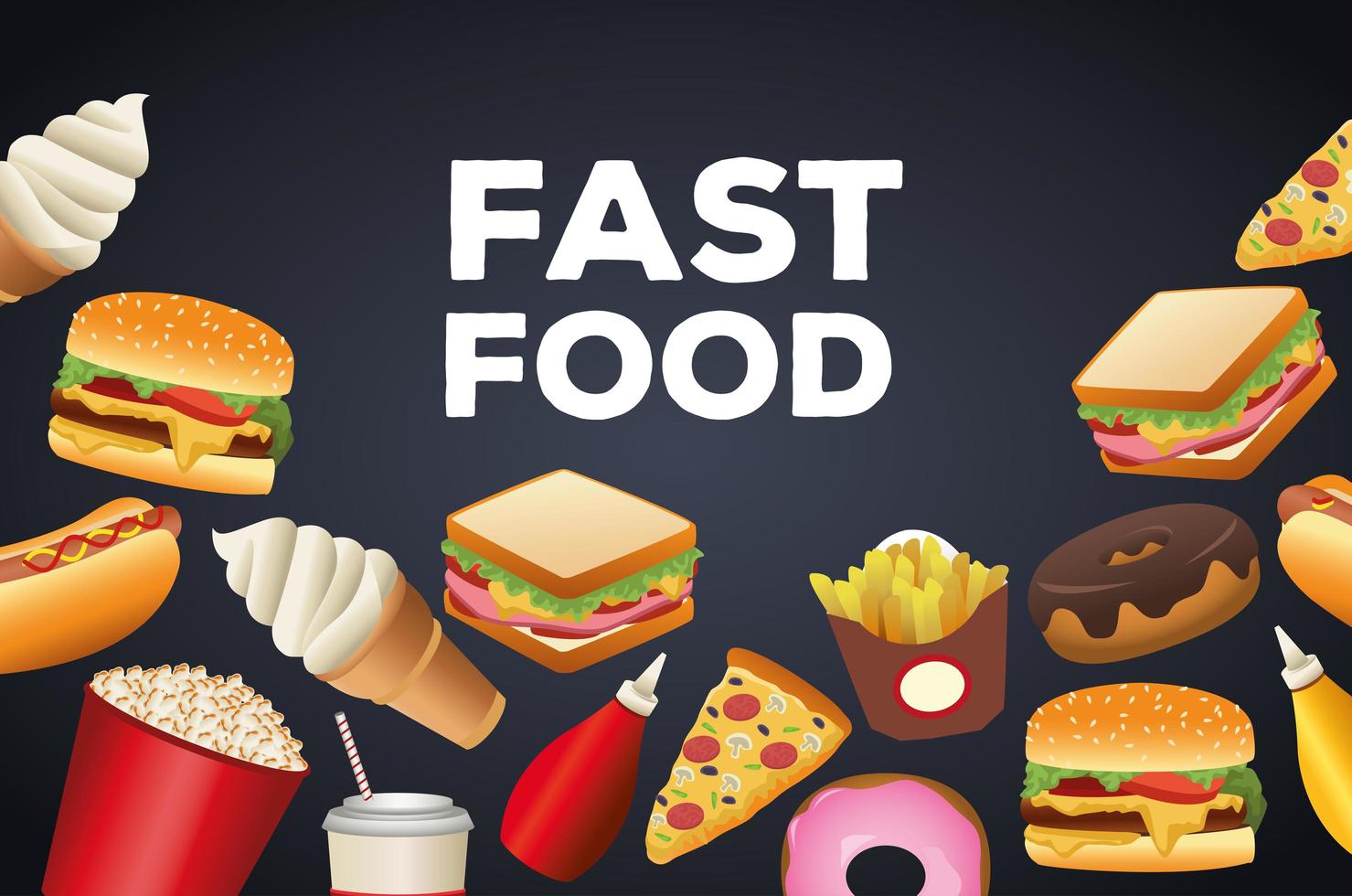 pacote de delicioso menu de fast food e letras em fundo preto vetor