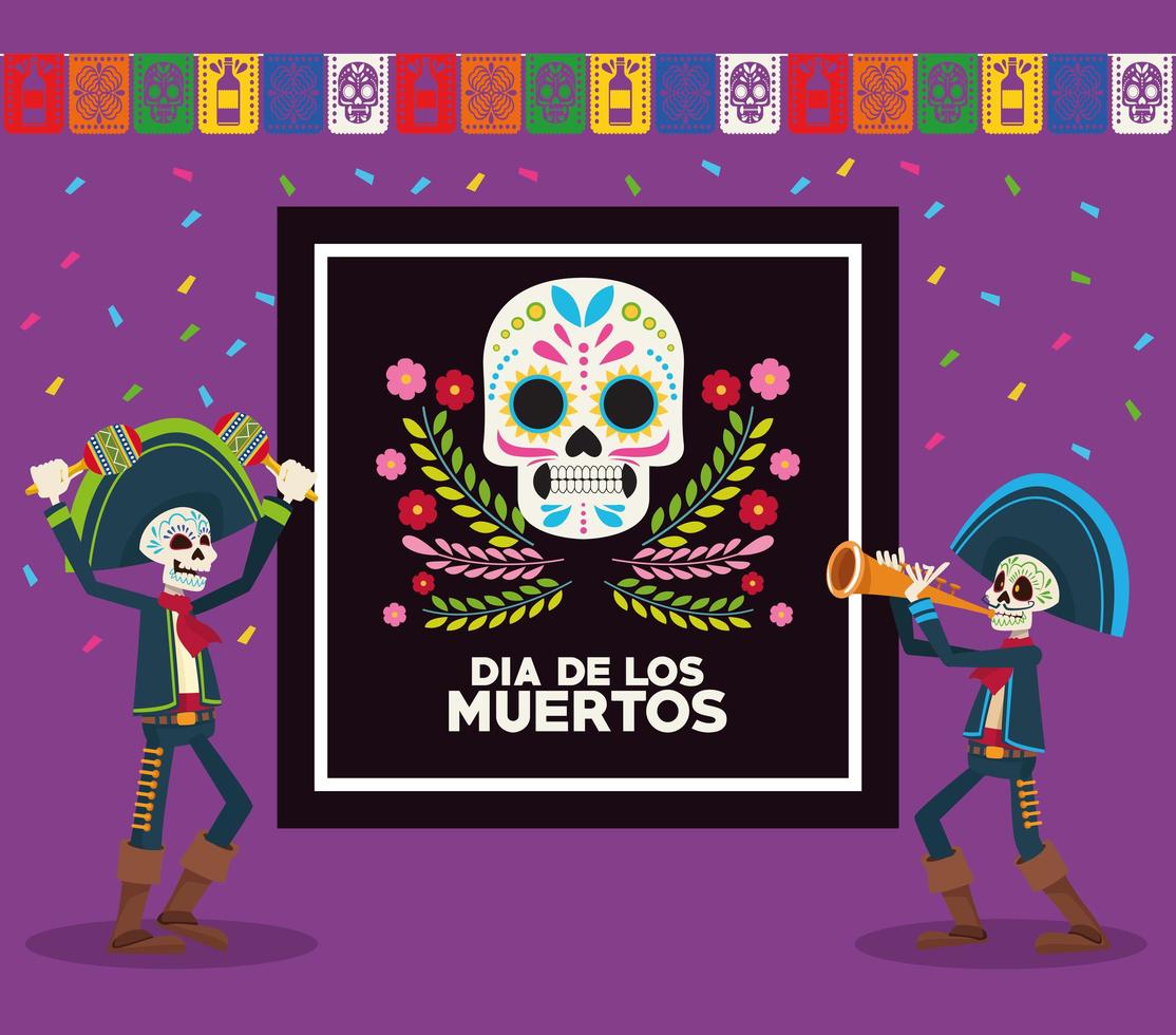 cartão comemorativo do dia de los muertos com esqueletos mariachis e guirlandas vetor