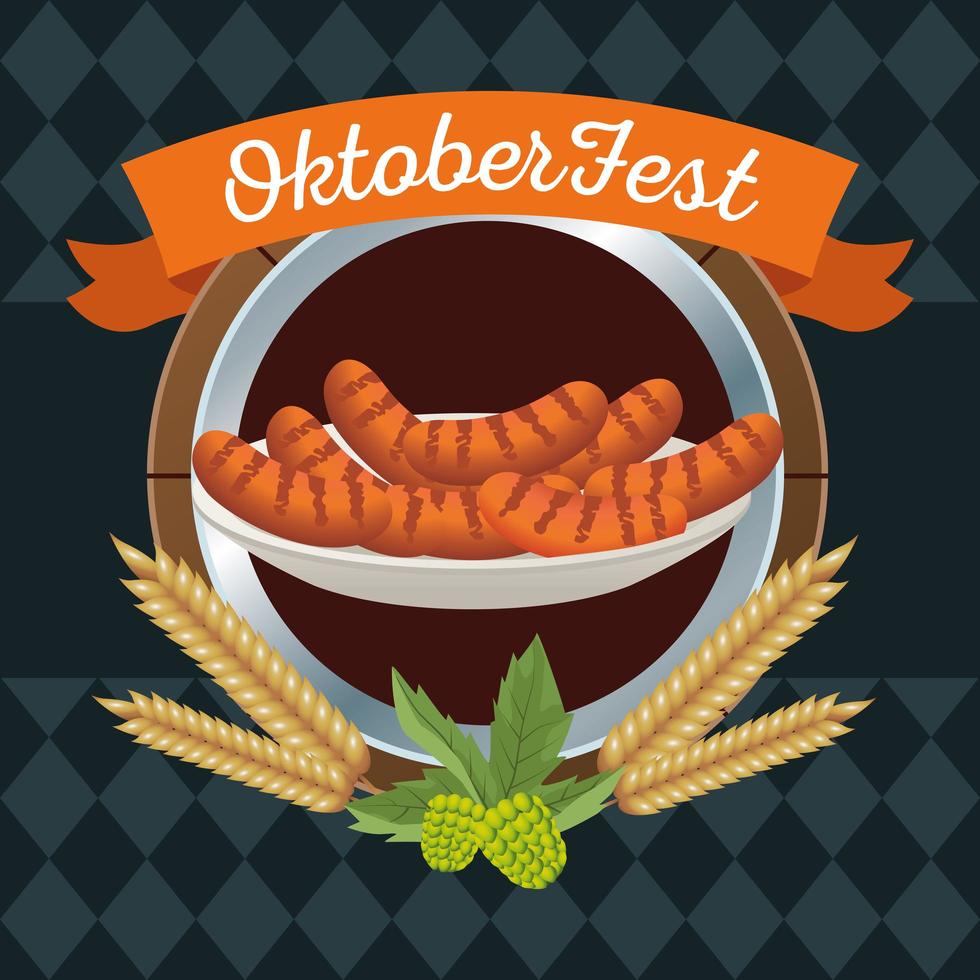 feliz celebração da oktoberfest com salsichas em moldura de madeira vetor