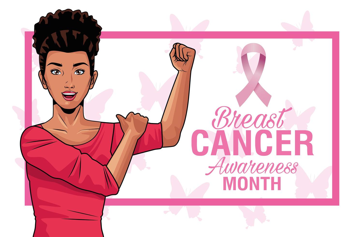 letras do mês de conscientização do câncer de mama com uma forte mulher afro e uma fita vetor