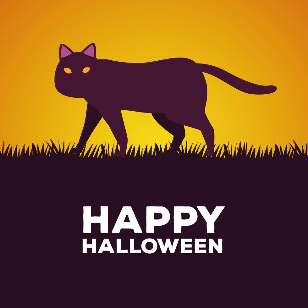 cartão de feliz festa de halloween com gato na grama vetor