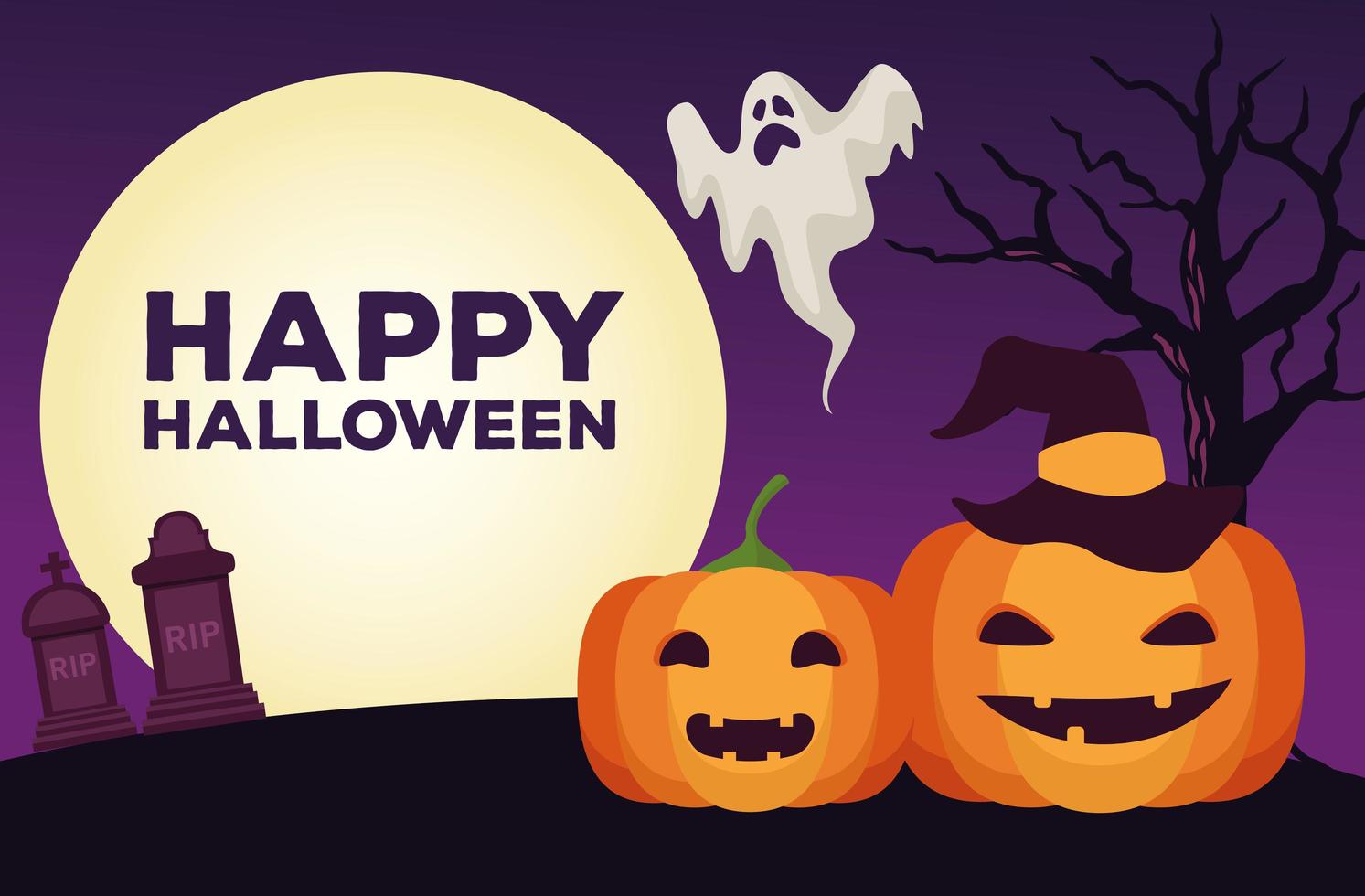 cartão de feliz festa de halloween com abóboras e fantasmas vetor