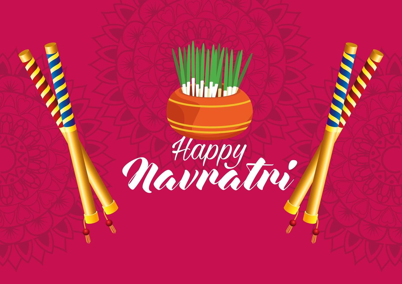 cartão de celebração navratri feliz com varas e planta da casa vetor