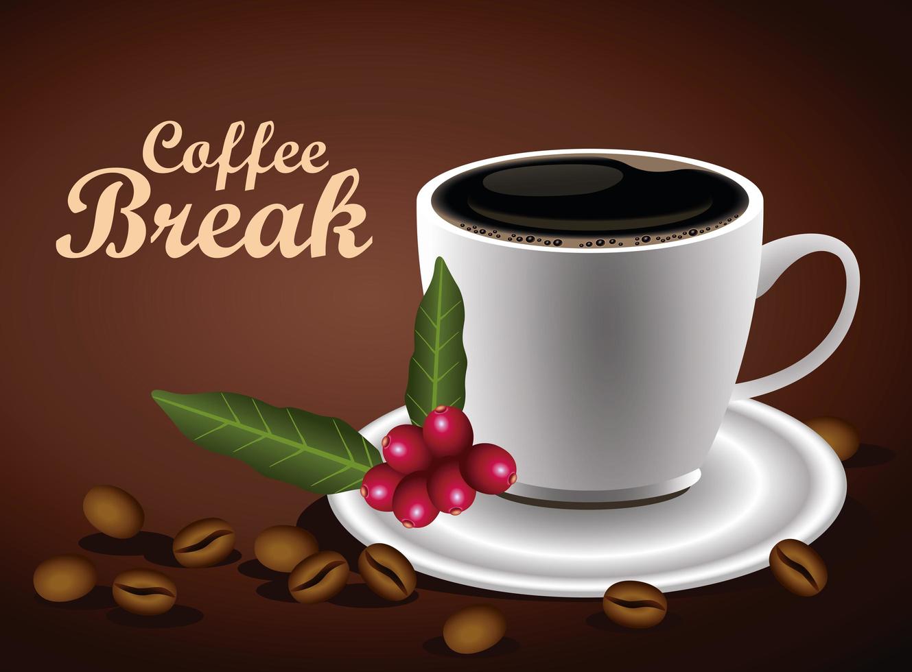pôster de rotulação da pausa para o café com natureza de xícara e sementes vetor