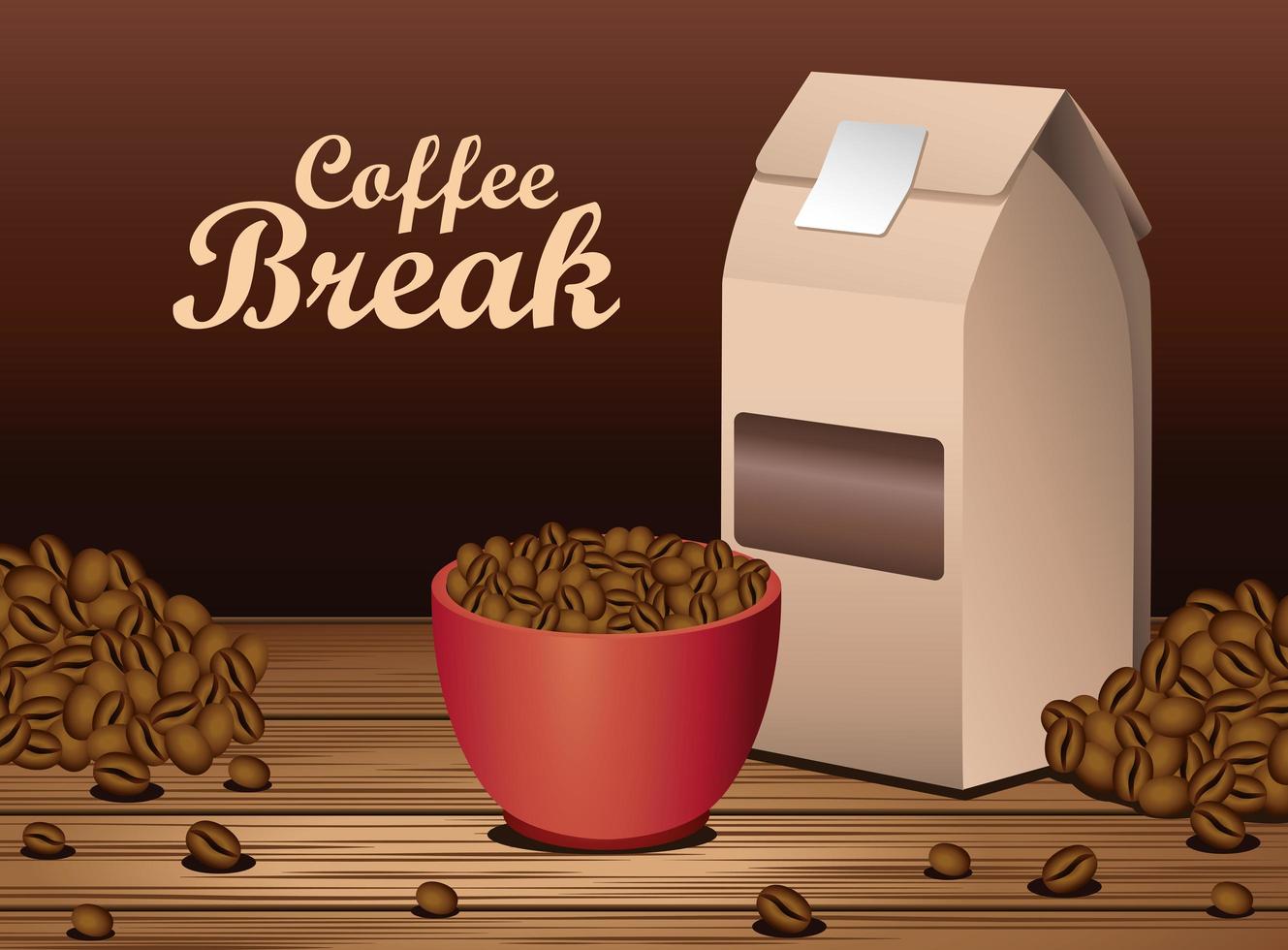 pôster da pausa para o café com xícara e caixa de embalagem em mesa de madeira vetor