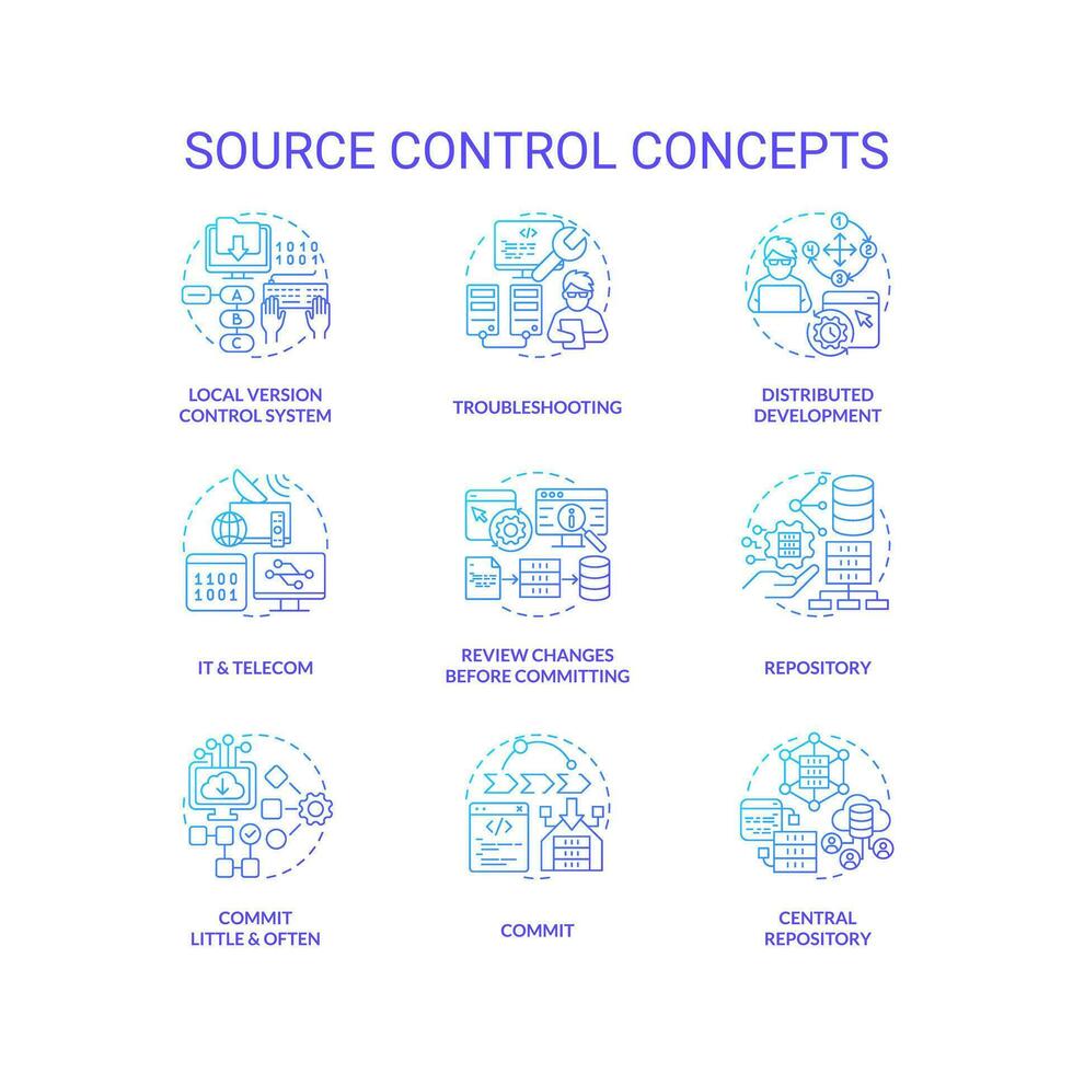 fonte ao controle azul gradiente conceito ícones definir. rastreamento e gerenciando alterar para código idéia fino linha cor ilustrações. isolado símbolos vetor