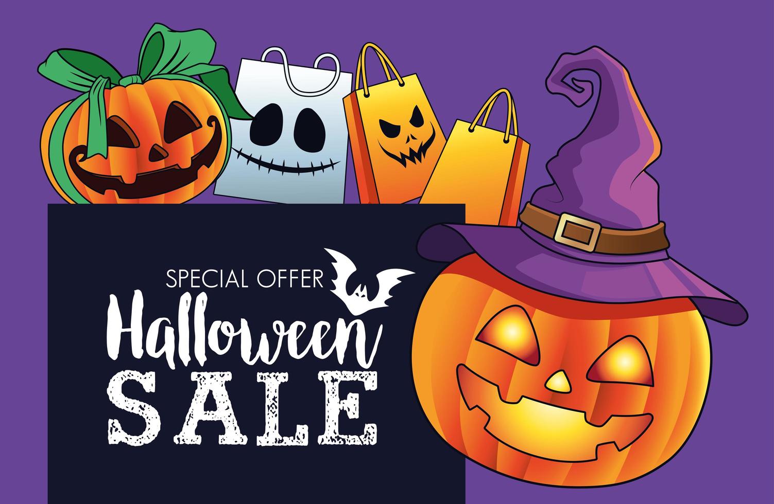 Cartaz sazonal de venda de halloween com abóboras usando chapéu de bruxa e sacolas de compras vetor