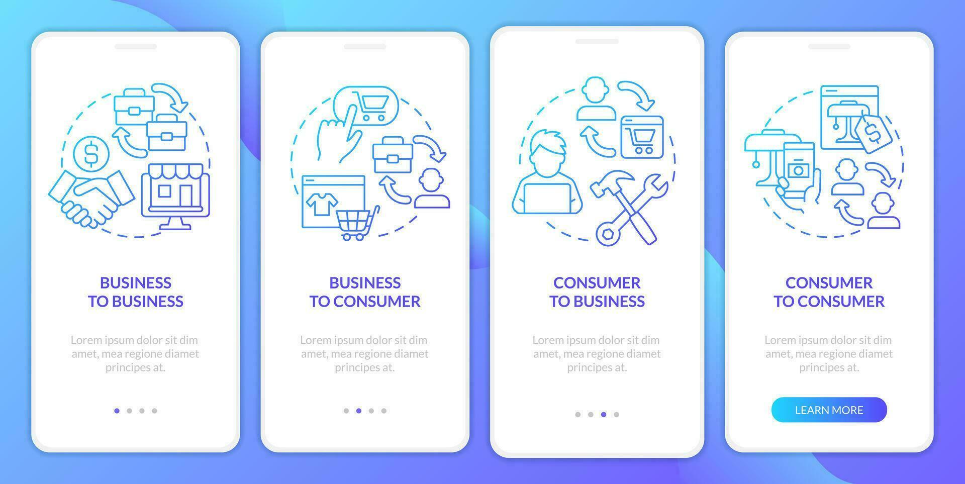 conectados o negócio modelos azul gradiente onboarding Móvel aplicativo tela. passo a passo 4 passos gráfico instruções com linear conceitos. interface do usuário, ux, gui modelado vetor