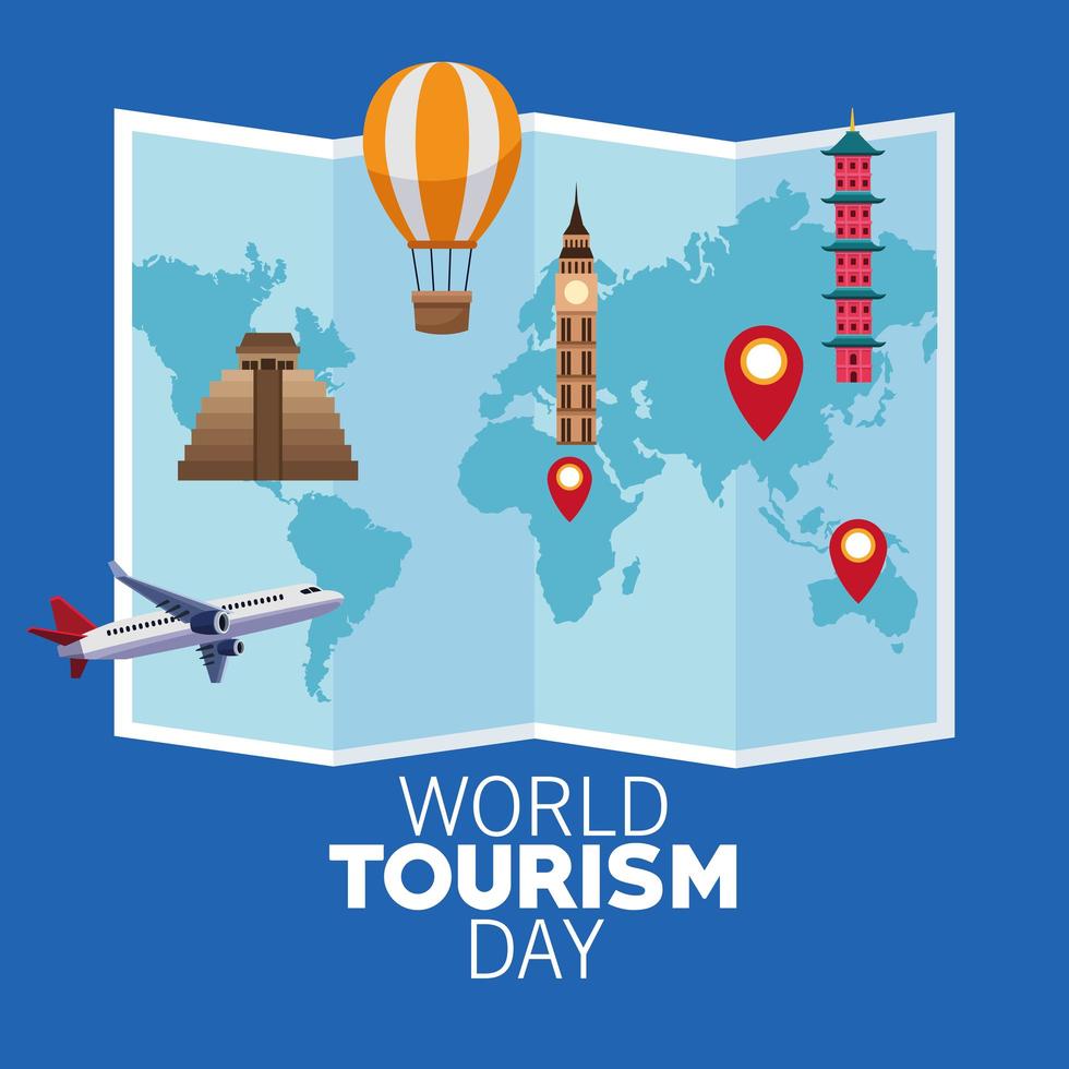 celebração do dia mundial do turismo com mapa de papel e monumentos vetor