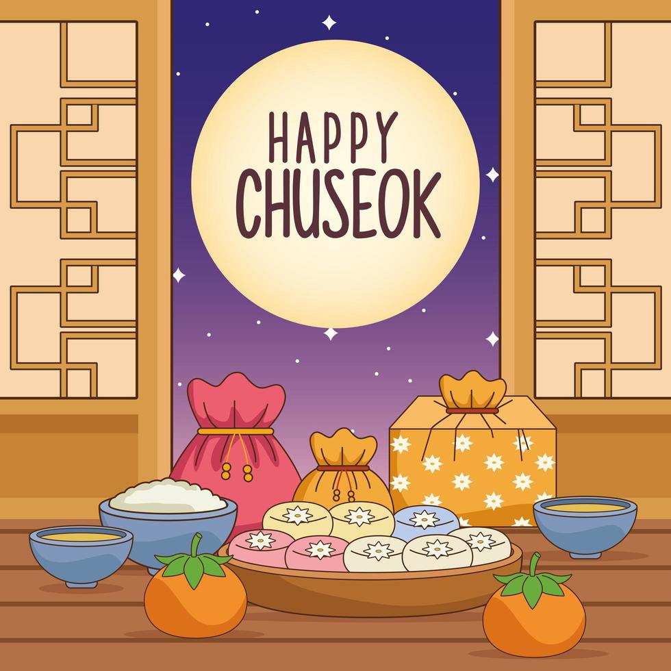 celebração chuseok feliz com comida indoor e fullmoon vetor