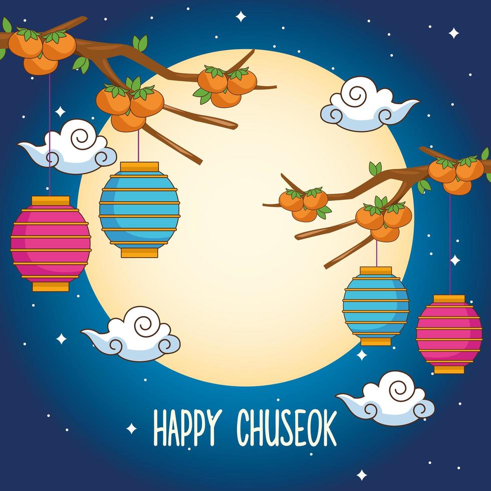 celebração chuseok feliz com lanternas penduradas em uma árvore de laranjeira vetor
