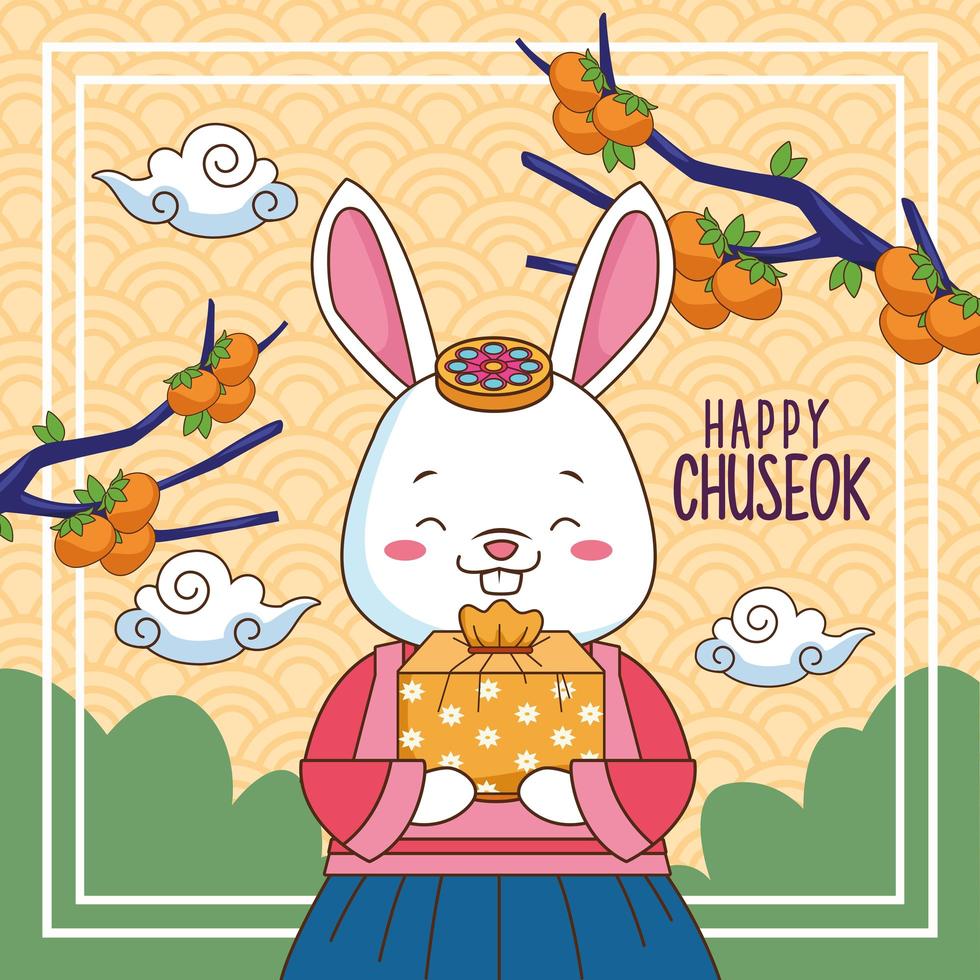 feliz celebração chuseok com coelho levantando presentes e galhos de árvores vetor