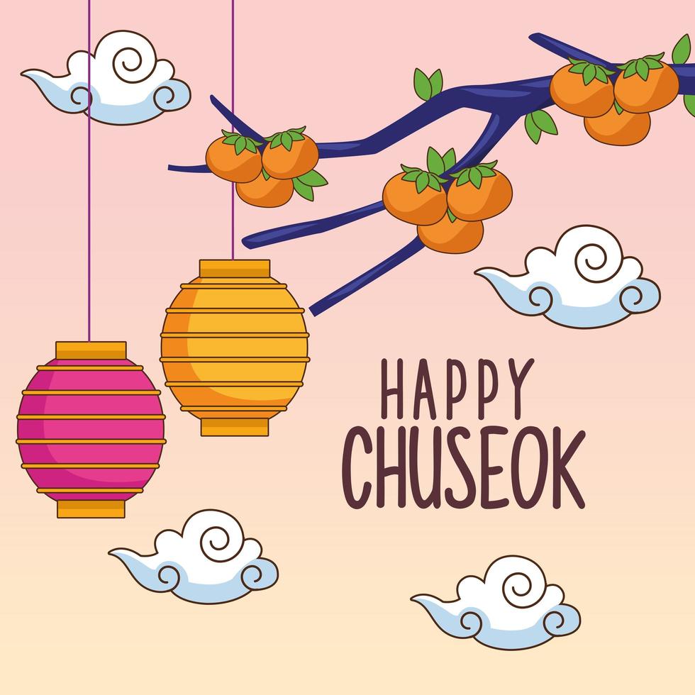 feliz celebração chuseok com lâmpadas penduradas e laranjeira vetor